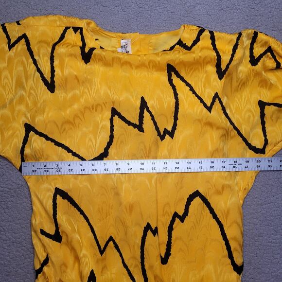 VTG Lillie Rubin Dress 4 Yellow Black Silk Drop Waist Blouson Zigzag Print 80s - Picture 7 of 9